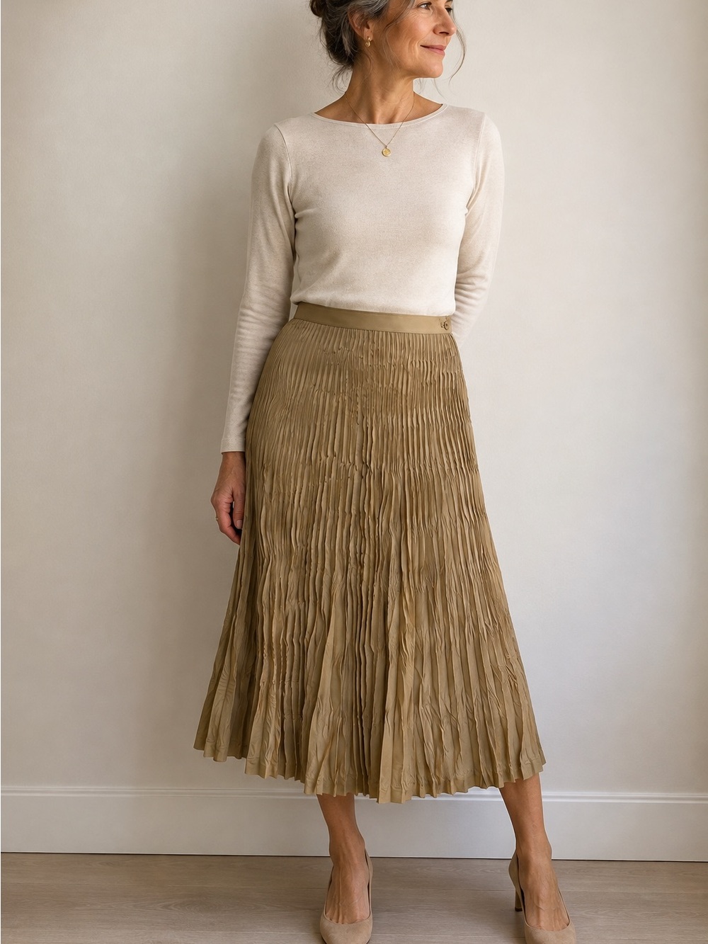 Issey Miyake Pleated Midi Skirt Antique Gold Khaki Olive 100% Polyester Vintage